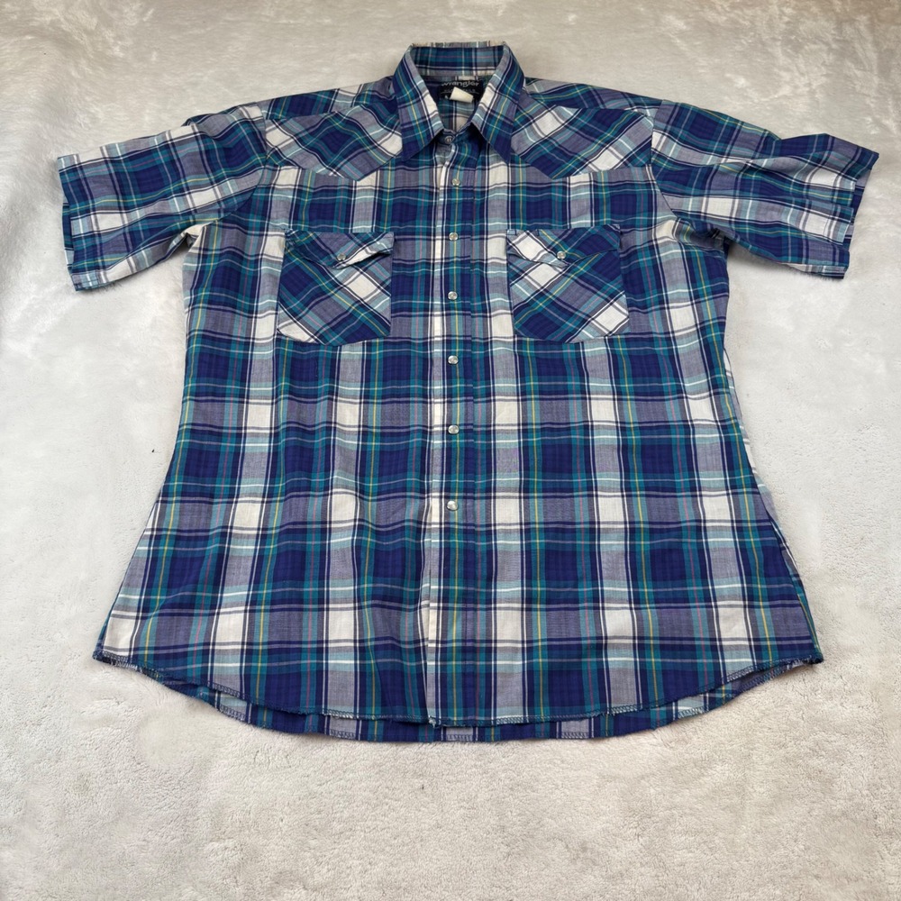 Wrangler X-Long Tails Plaid‎ Snap Button Western Shirt Men's Size L Blue